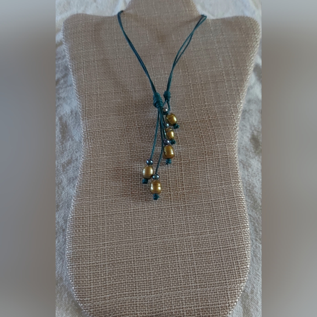 Handmade Gold & Peacock Pearls And Dark Green Leather 2-Way Necklace